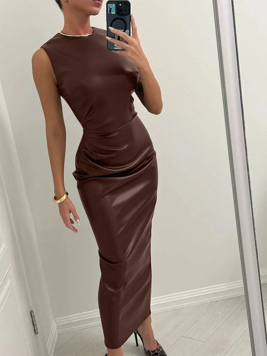 Summer Women's Maxi Dresses Streetwear Fashion New Zipper O-Neck PU Dress Solid Sexy Bodycon Female Club Party Dresses Clothing