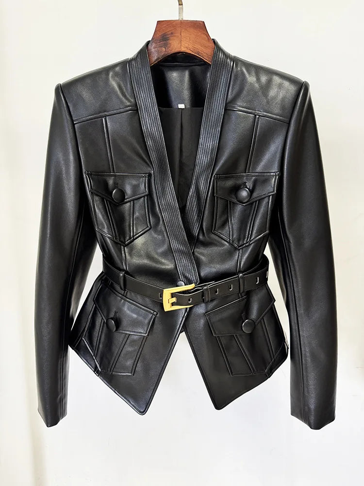Slim Fit Faux Leather Motorcycle Jacket With Pockets for Women
