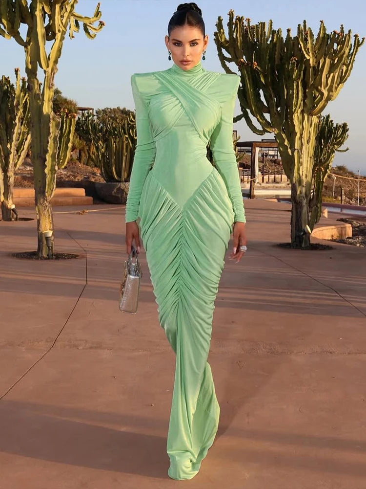 Elegant Ruched Backless Turtleneck Maxi Dress for Women