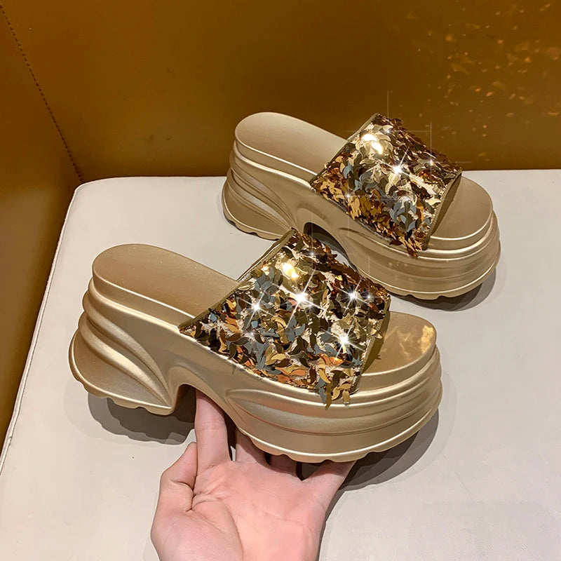 Metallic Sequined Platform Wedge Sandals for Women