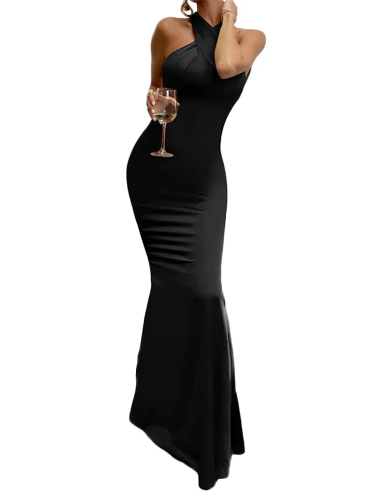 Cross Halter Backless Ball Gown Cocktail Dress for Women