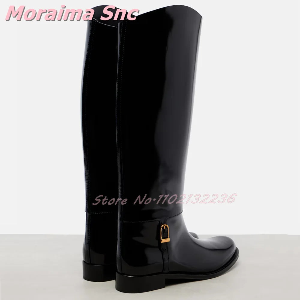 Elegant Patent Leather Round Toe Knee High Boots for Women
