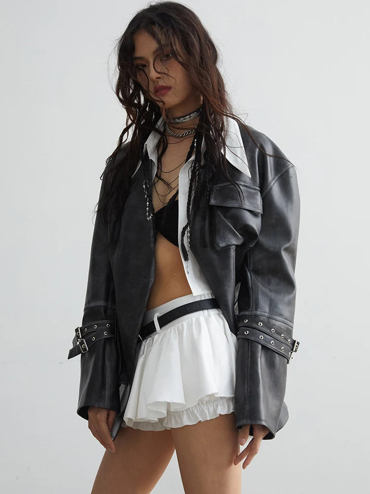 Loose Fit Black Faux Leather Jacket With Pockets for Women