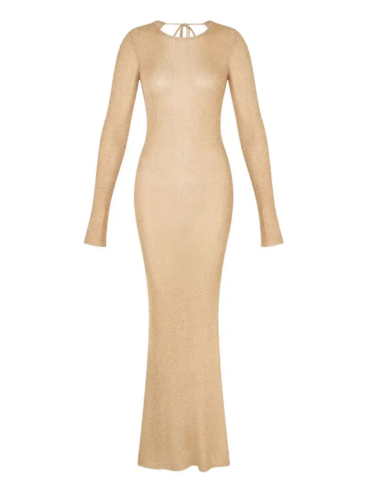 Sexy Knit Beach Swimsuit Cover Up 2025 Women Summer See-through Slim Backless Tassel Tie-up Long Sleeve Slit Gorgeous Dress K65