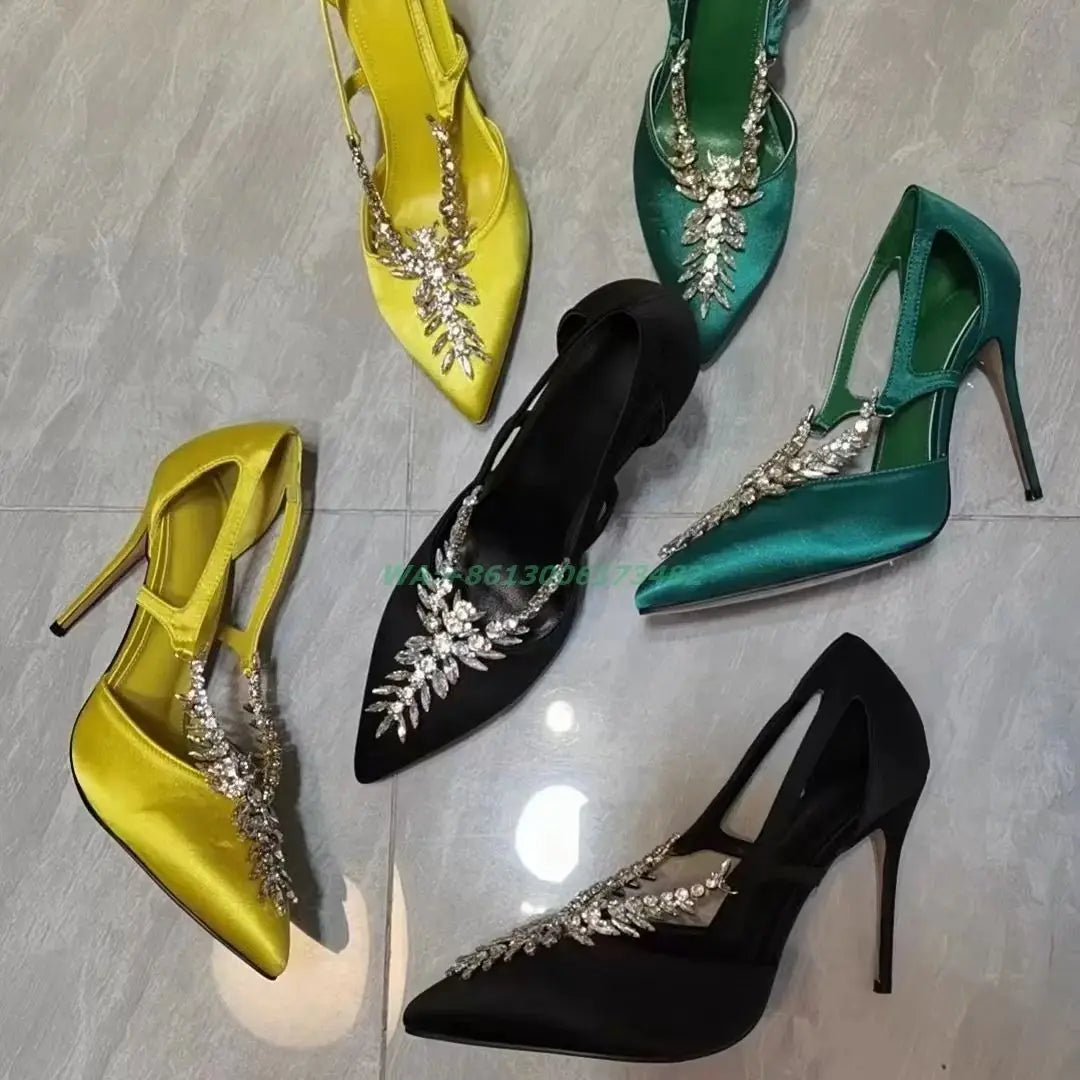 Satin Rhinestone Pointed Toe Stiletto Pumps For Women