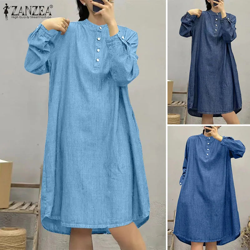 ZANZEA Women Shirt Dress Fashion Stand Collar Buttons Robes Casual Loose Long Sleeve Mini Dress Autumn Vintage Pocket Vestidos