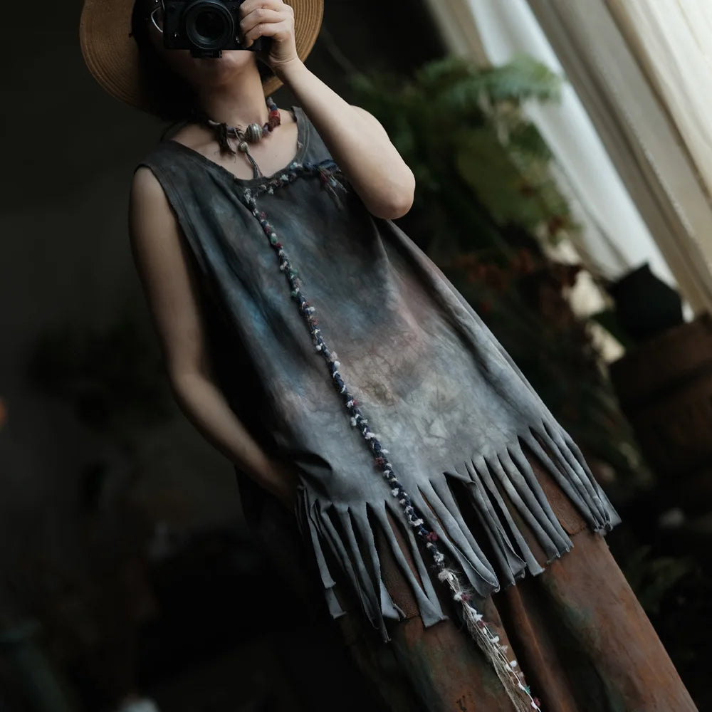Casual Loose Fit Print Tassels Tank Top Cotton for Women