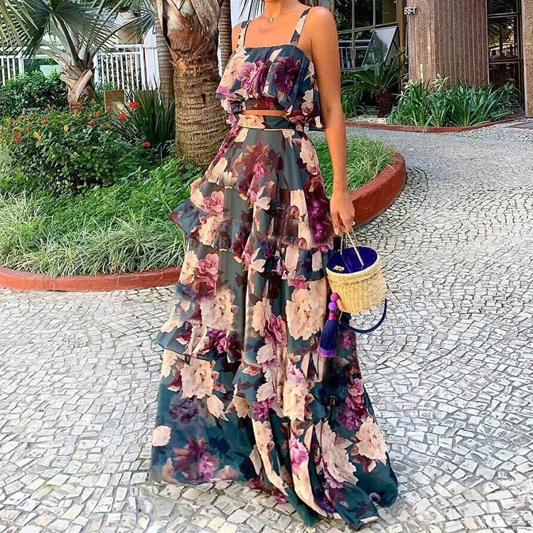 Printed Beach Vacation Style Two-Piece Set for Women
