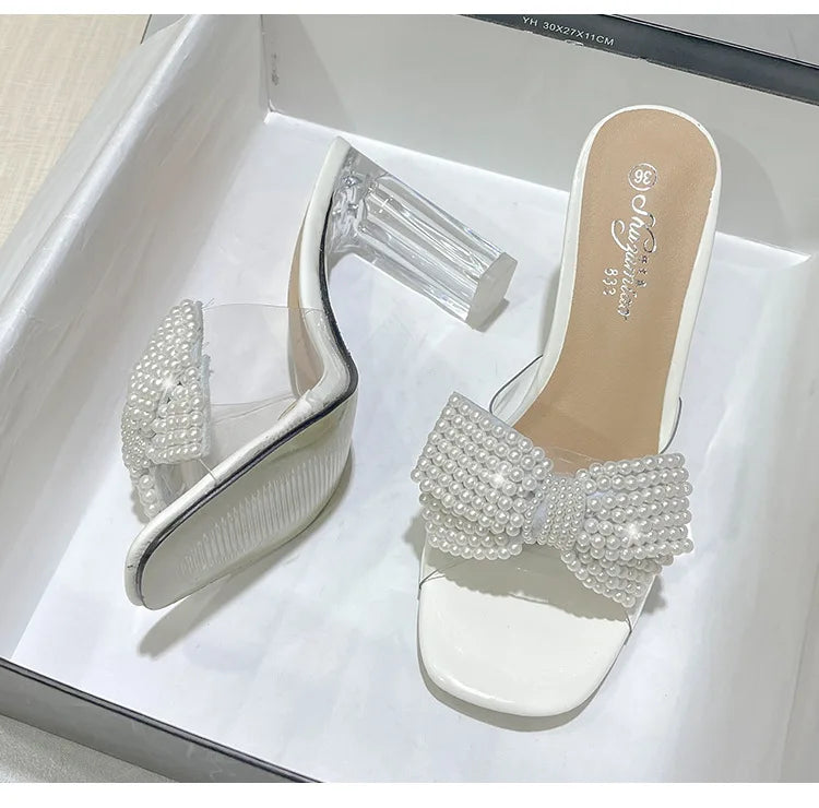 Pink Pearl Bow Design Clear Crystal High Heels for Women