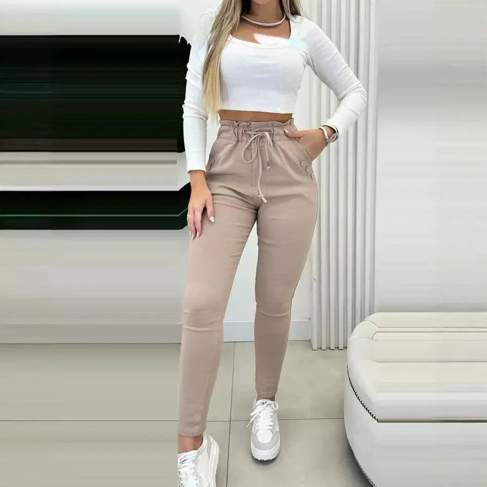 Casual Skinny Pants Women Fashion Drawstring Waist Button Decor Lined High Waist Pocket Daily Trousers Y2k 2024 Spring Autumn