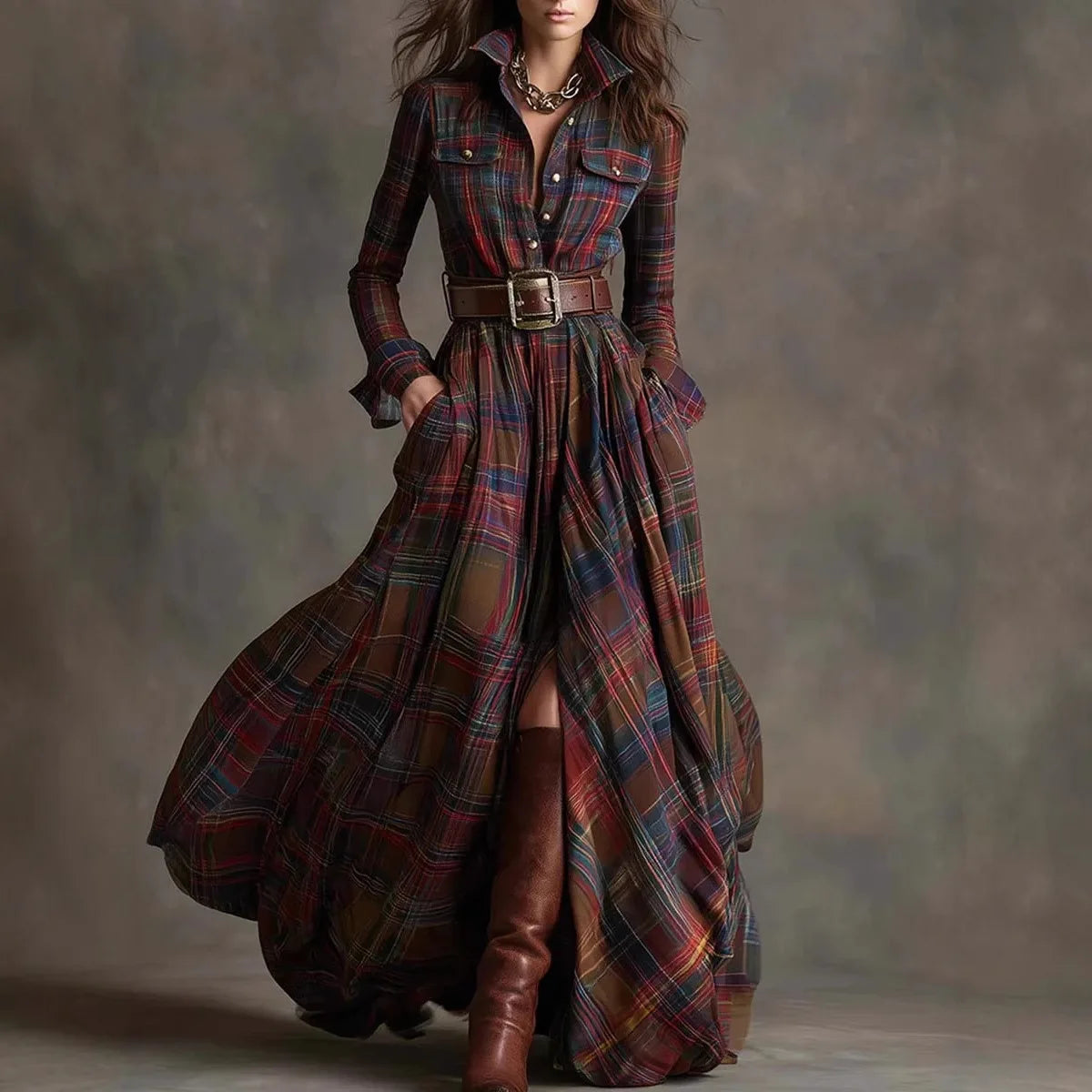 Plaid Button Front Pocket Maxi Dress