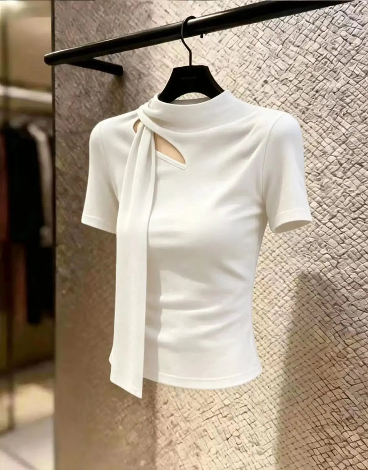 Elegant Hollow Out Slim Fit Short Sleeve Tee For Women