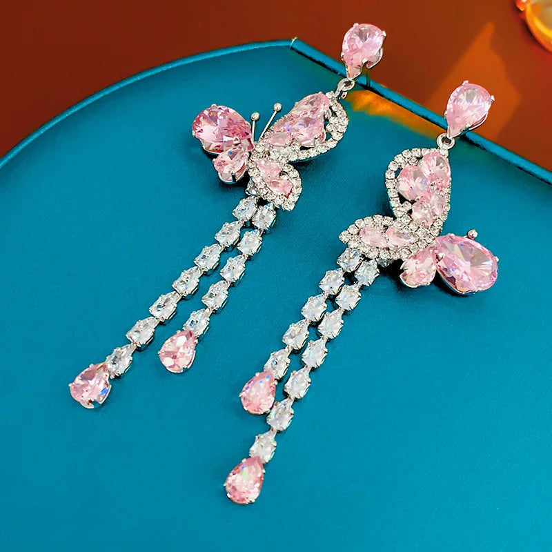 Pink Zircon Butterfly Tassel Earrings