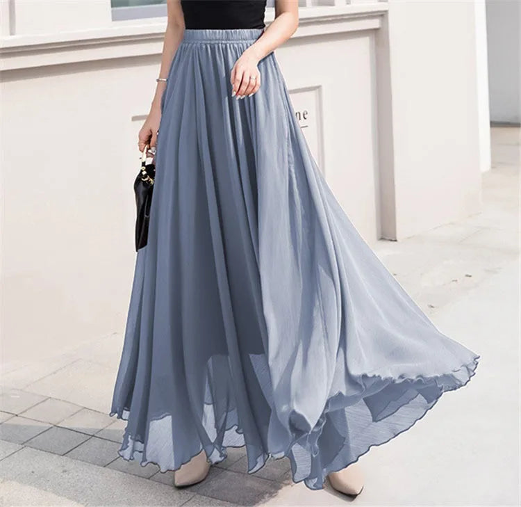 Elegant Solid Color Chiffon A-Line Skirt with High Waist for Women