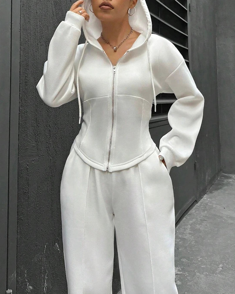 2 Pieces Pants Set Long Sleeve Zip Fly Slim Fit Hooded Top and Casual Wide Leg Pants Set