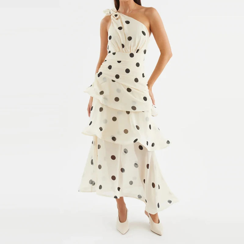Elegant Polka Dot Ruffle Draped Maxi Dress for Women