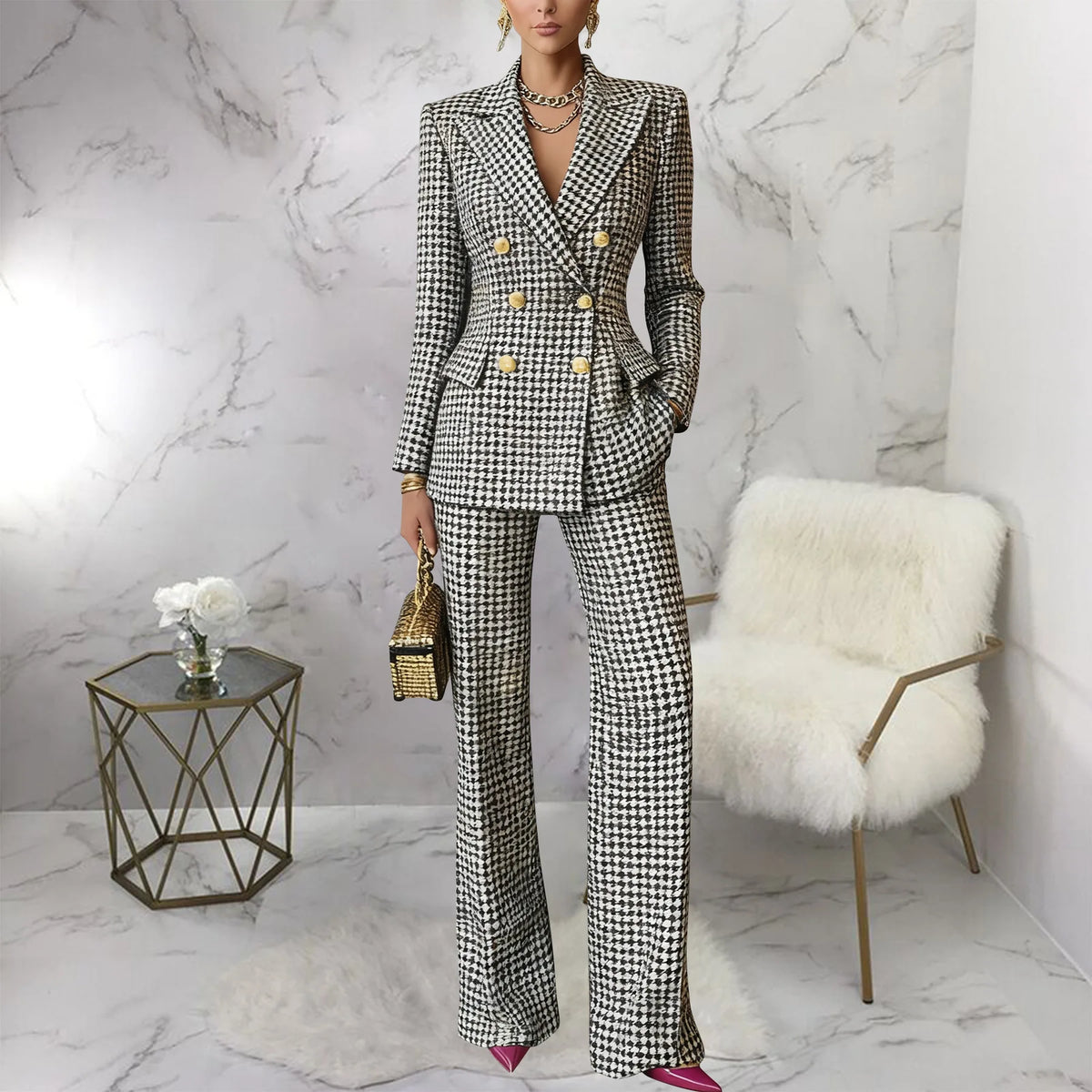 Slim Fit Long Sleeve Blazer and Pants Suit Set for Women