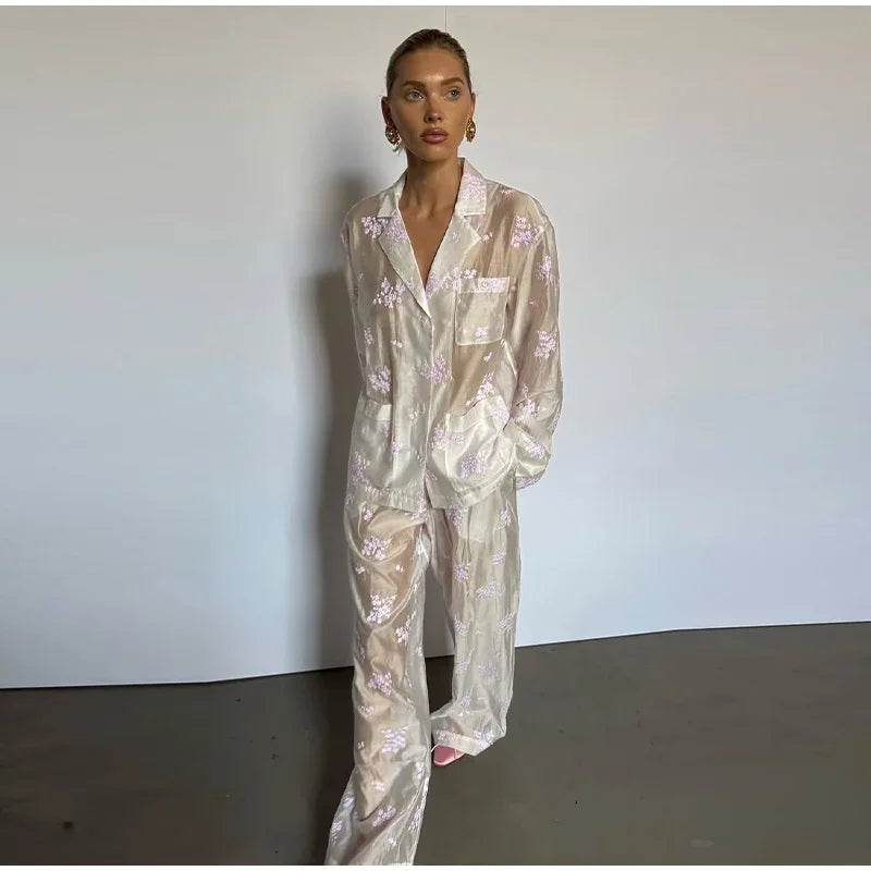 Sheer Casual Shirt and Wide Leg Pants Set for Women