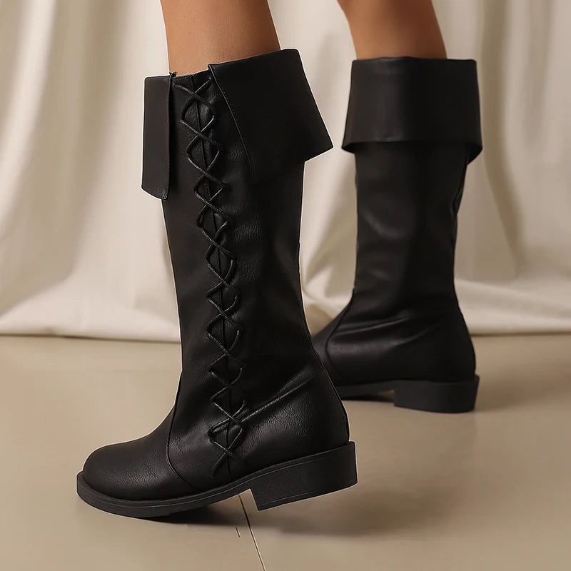 Retro Cross-Tied Flat Mid-Calf Costume Boots for Women