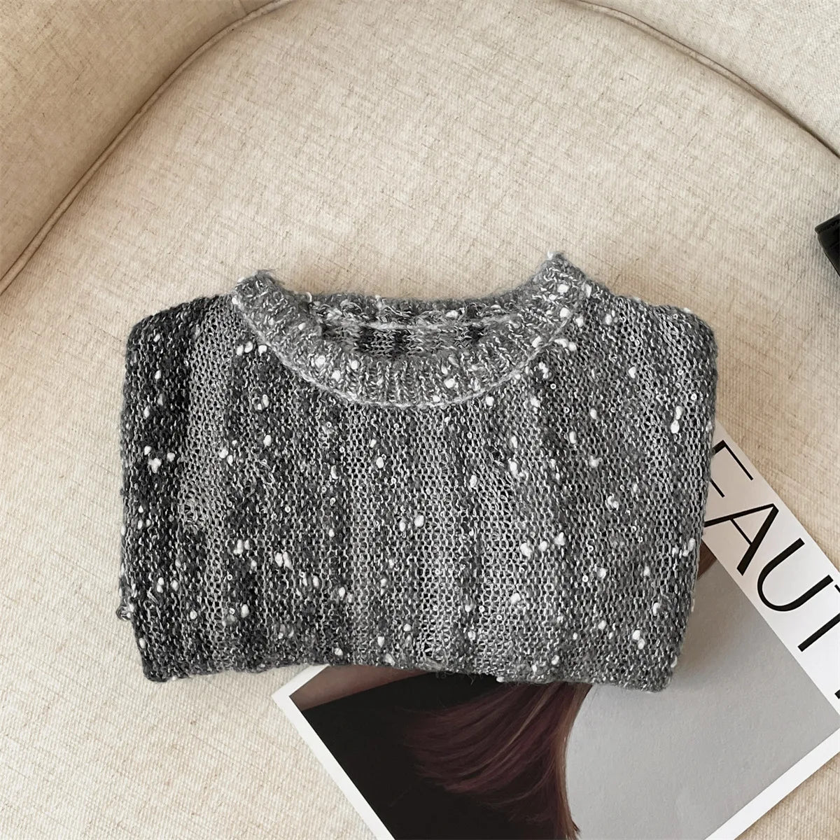 Sequin Round Neck Long Sleeve Knit Sweater for Women