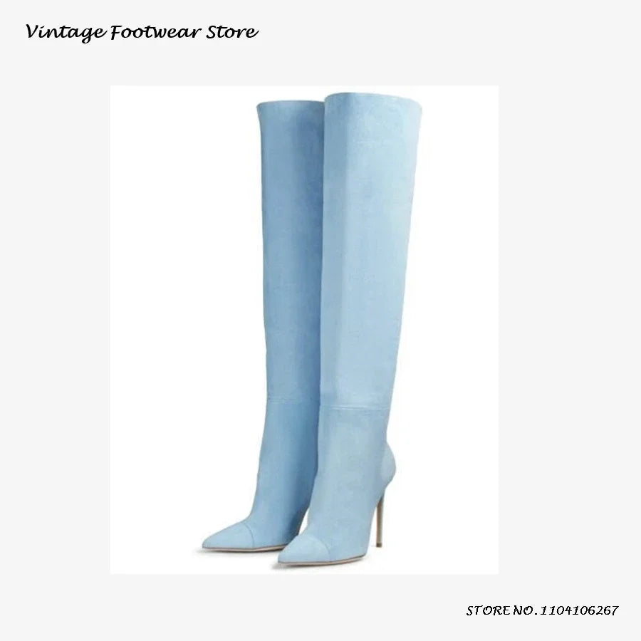 Yellow Suede Pointed Toe Knee-High Boots for Women