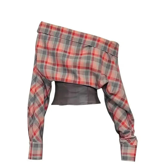 Premium Wind Spice Girls Retro Plaid One-shoulder Patchwork Long-sleeved Women Trend Niche Design Sense Thin Short T-shirt Tops