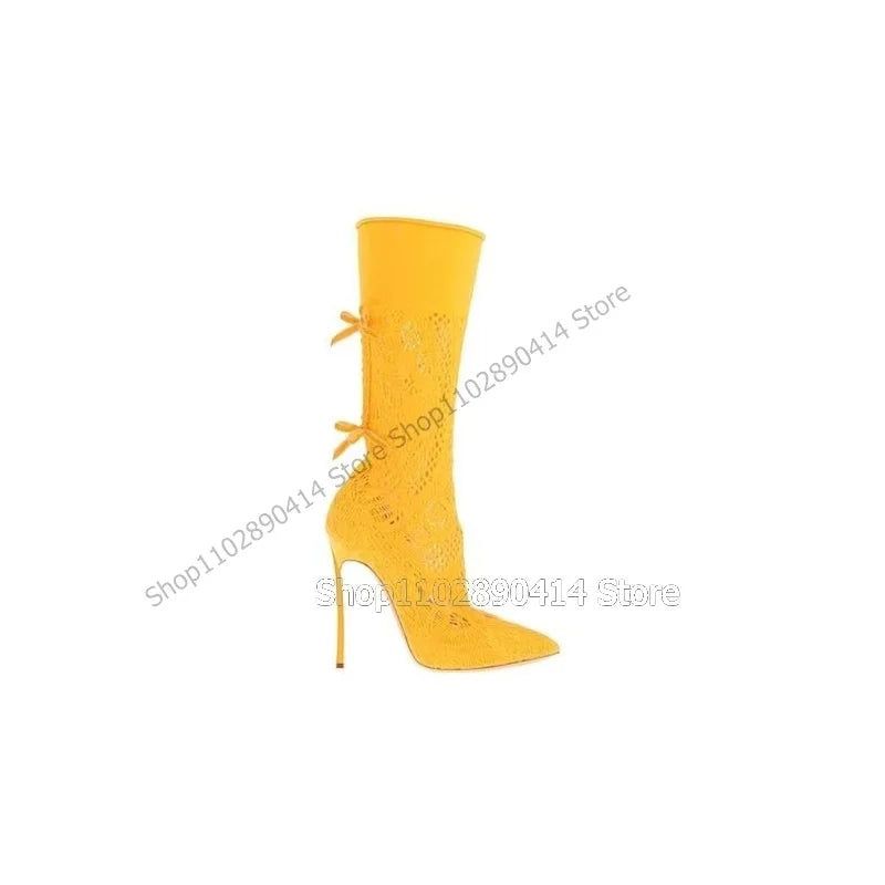 Yellow Mesh Bow Knot Pointed Toe Knee High Heeled Boots for Women