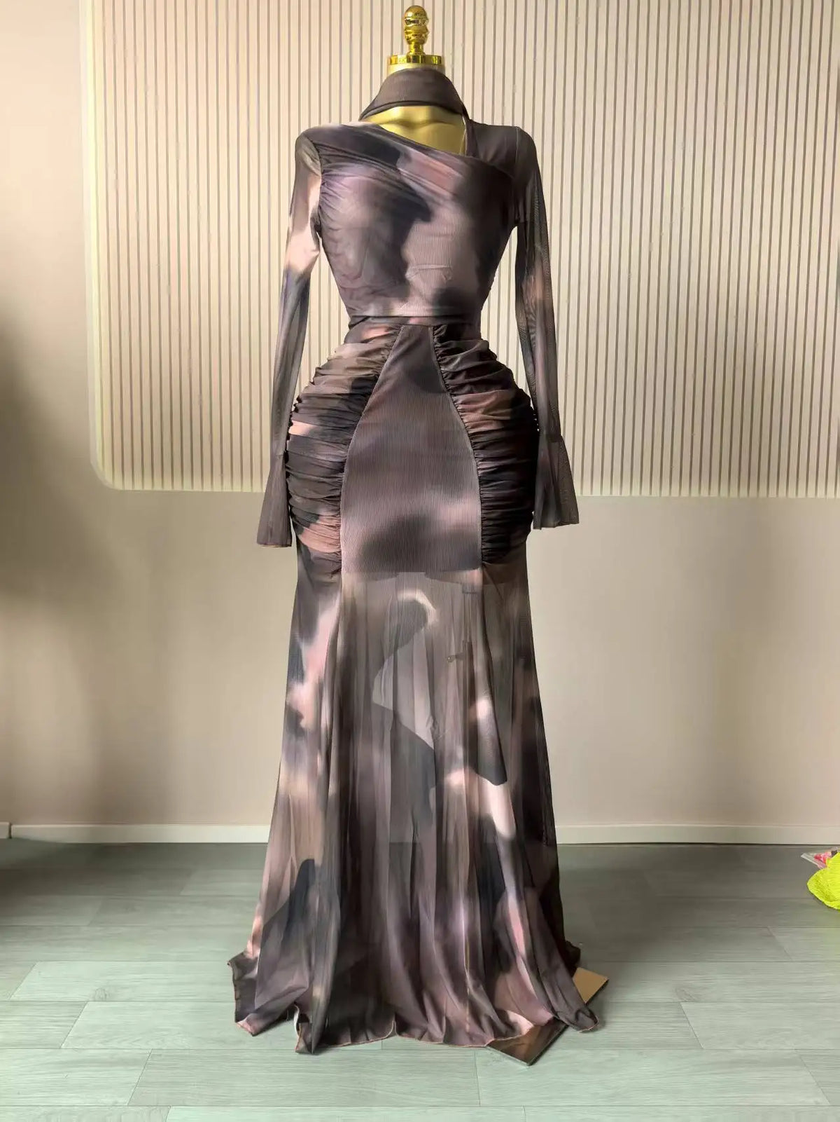 Tie Dye Ruched Skew Neck Long Sleeve Maxi Dress for Women