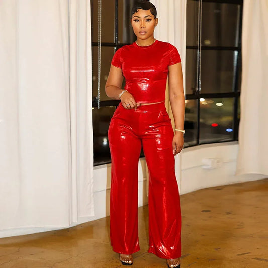 Trendy Metallic New in Matching Sets Woman 2 Piece Set Outfit Rave Club Party Short Sleeve T-shirt Top and Wide Leg Pants Set
