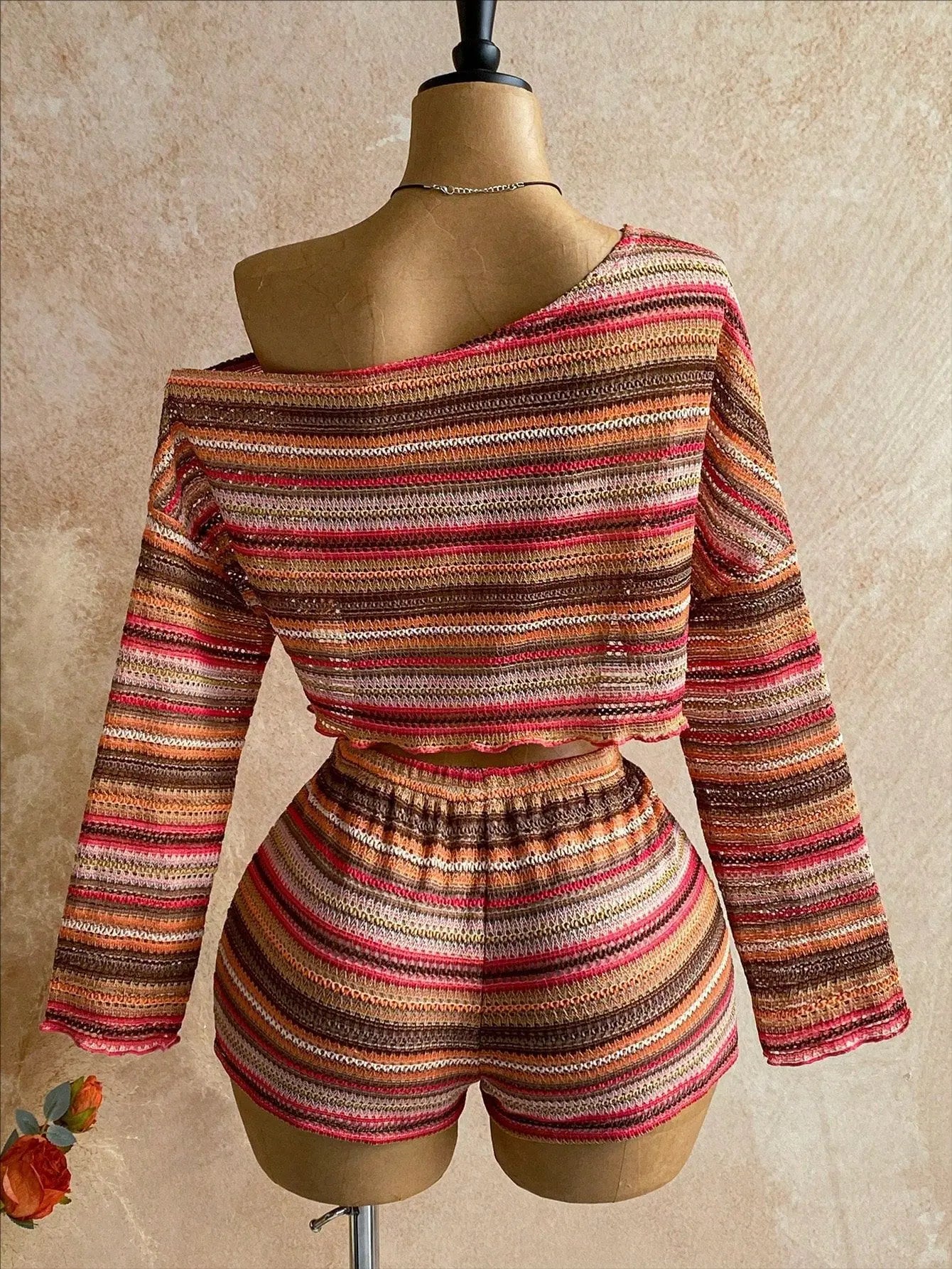 Slanted Shoulder Knit Two Piece Shorts Set for Women