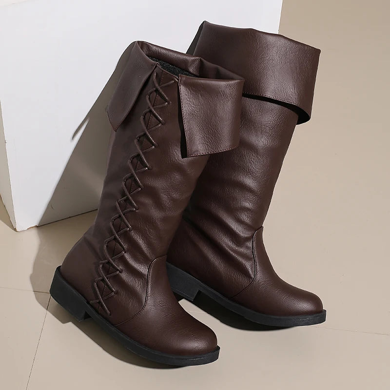 Retro Cross-Tied Flat Mid-Calf Costume Boots for Women