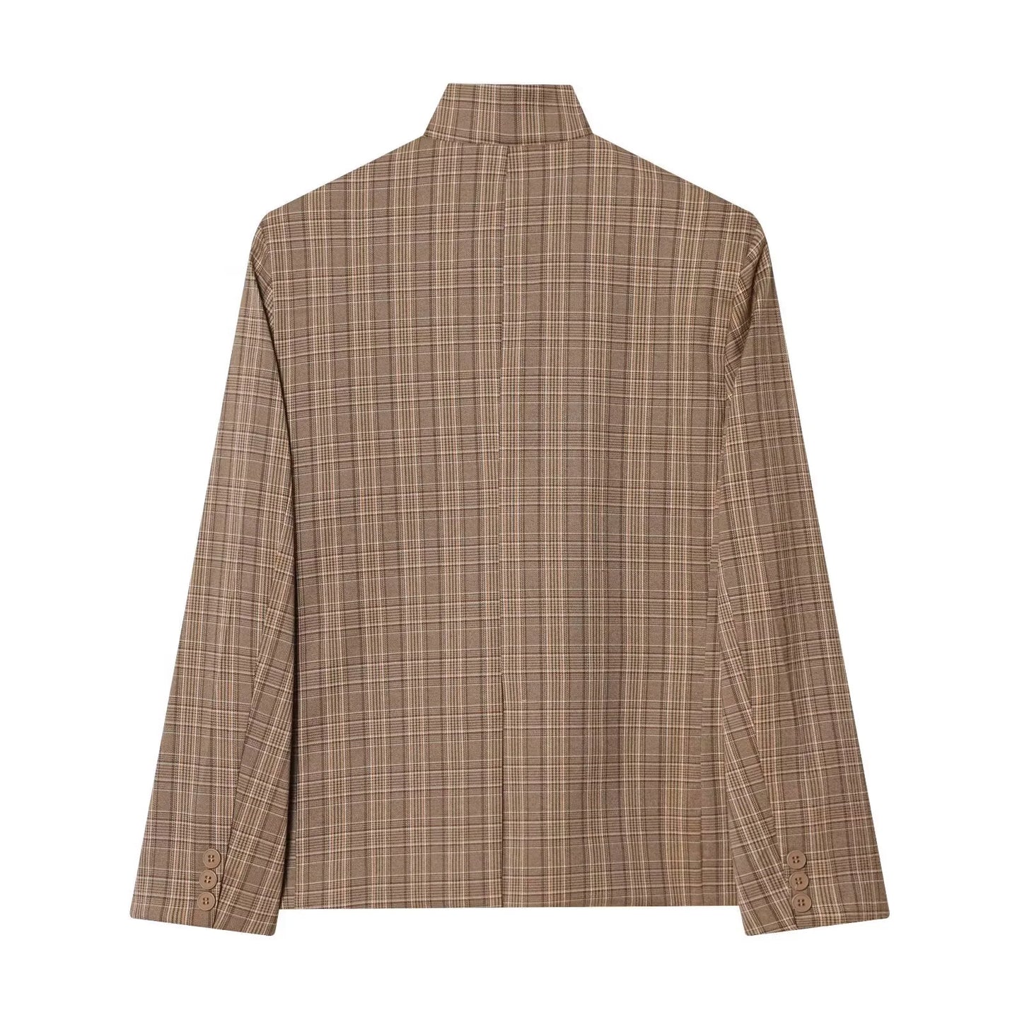 Plaid Stand Collar Long Sleeve Single Button Blazer Coat for Women