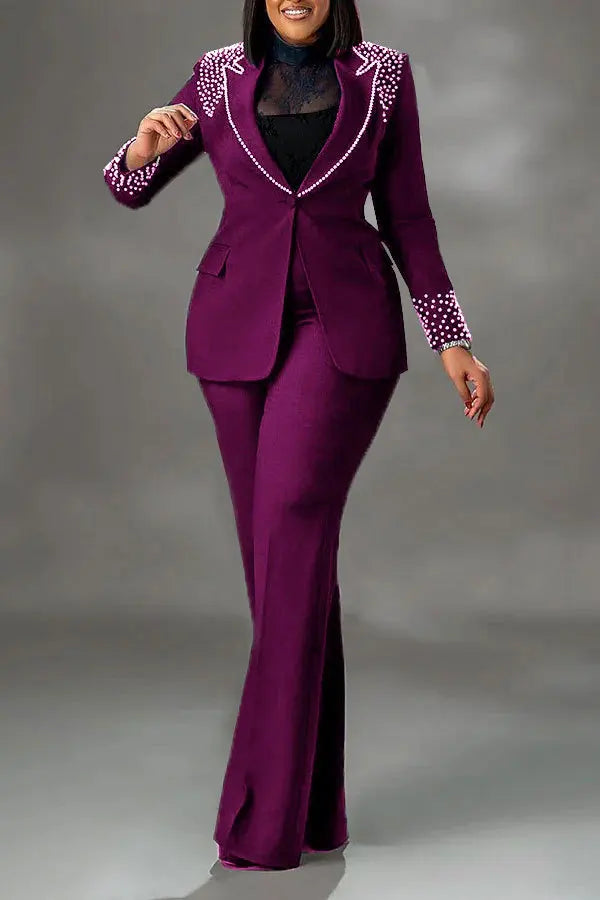 Elegant Slim Fit Pearl Blazer And Pants Set for Women