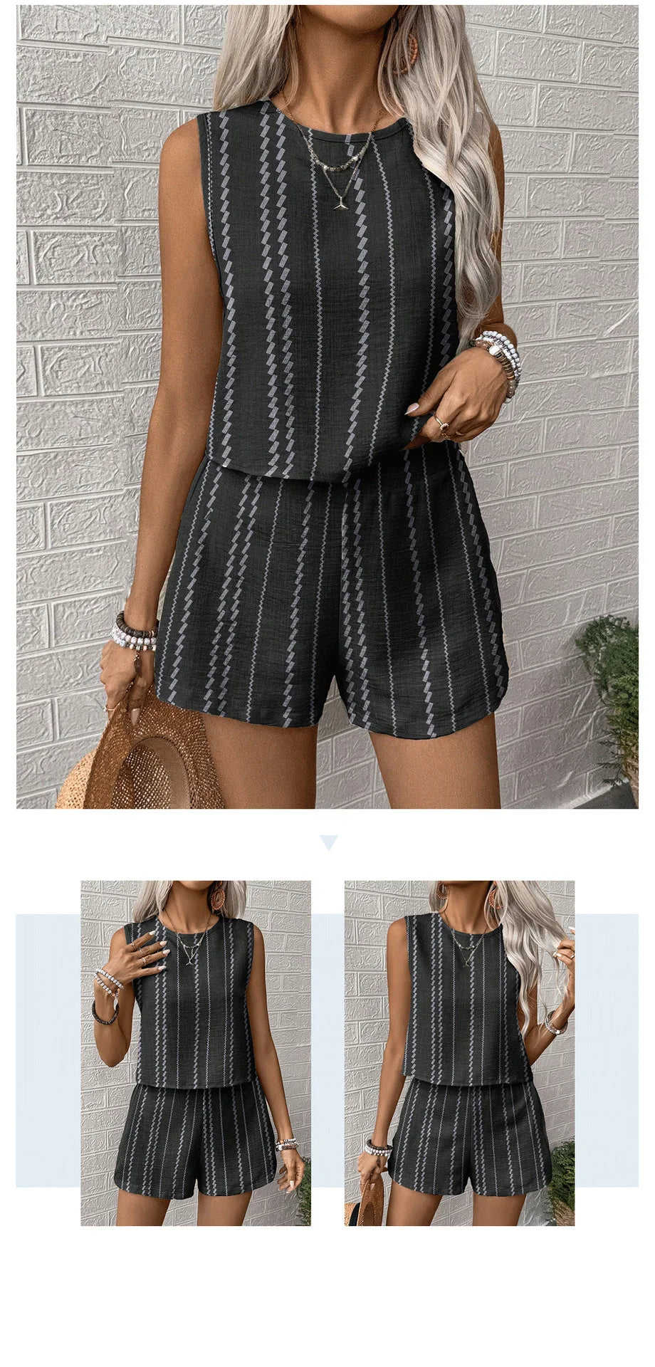 Vertical Striped Crop Top And Shorts Two Piece Set for Women