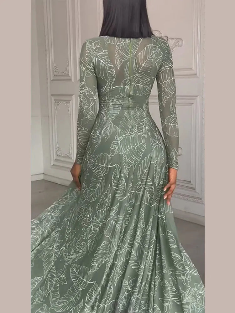 Beach Print Pleated Long Sleeve Maxi Dress for Women
