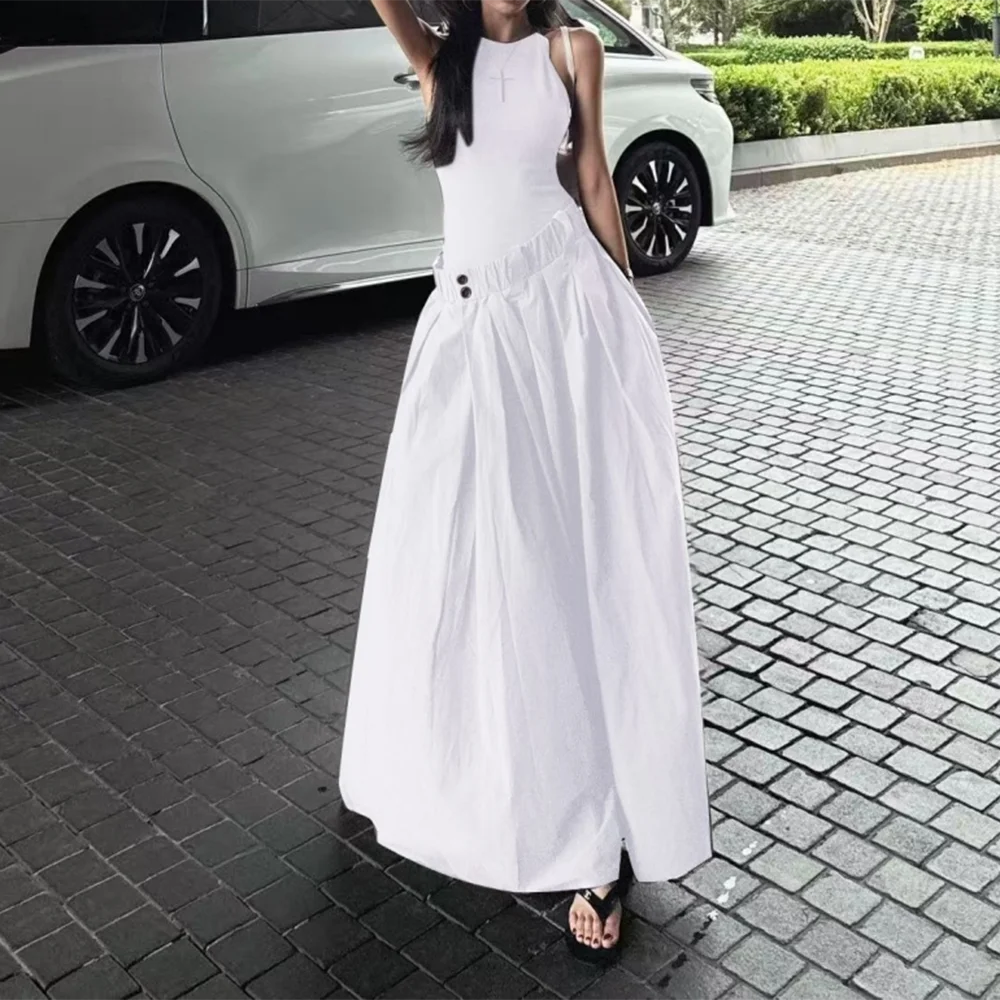 Gray High Waist Button Placket Midi Dress For Women