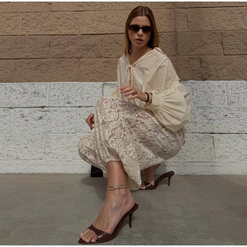 Bohemian Lace Trim Elastic Waist Lounge Pants for Women
