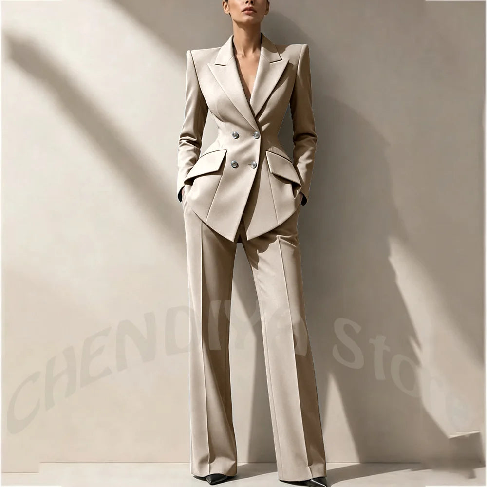 New Arrival Women's Two Piece Suit Peak Lapel Slim Fitted Classic Double Breasted Wedding Guest Evening Gala Party Female Set