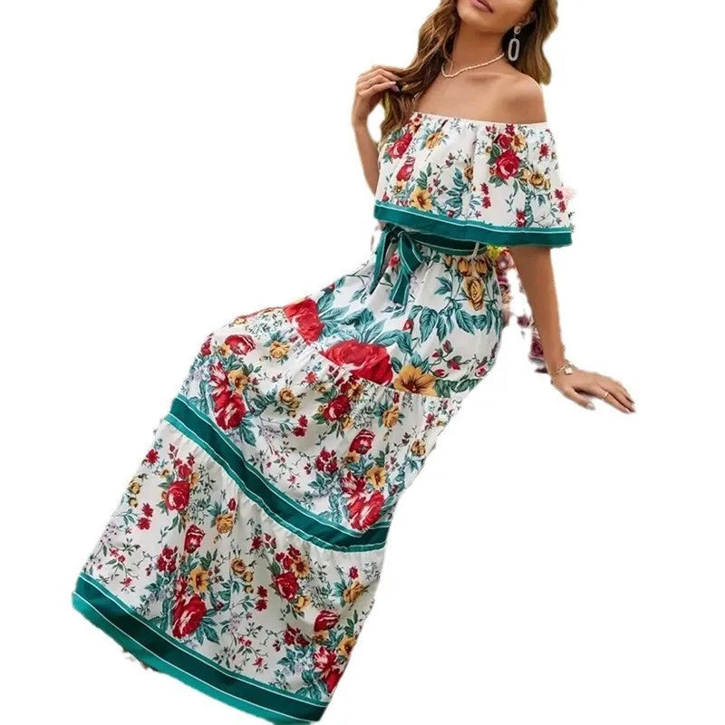 Floral Print Off Shoulder High Waist Dress for Women
