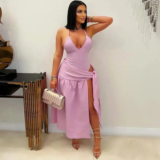 Halter Backless Bodysuit With Lace-Up Skirt