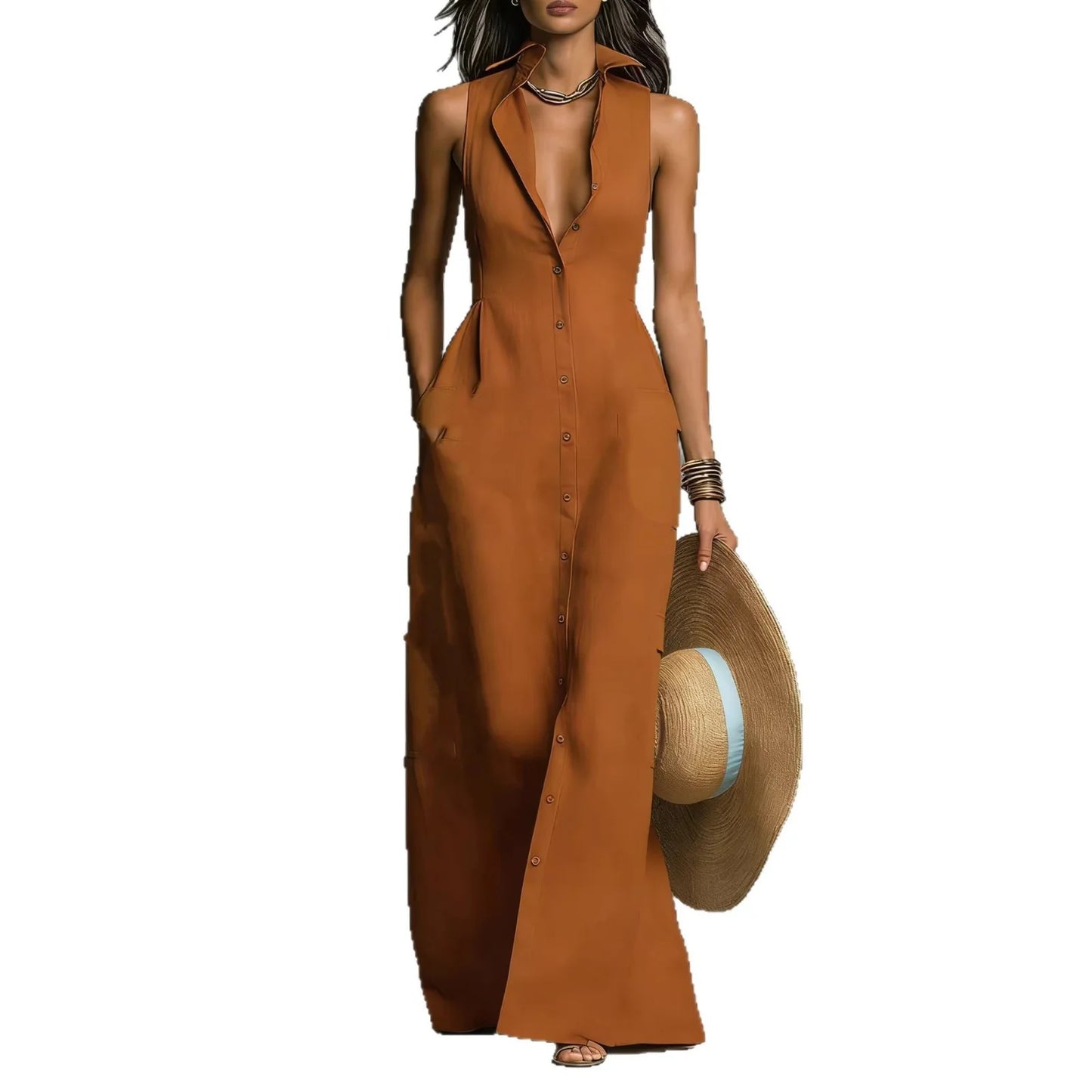 Elegant Deep V Neck Button Pocket Maxi Dress for Women