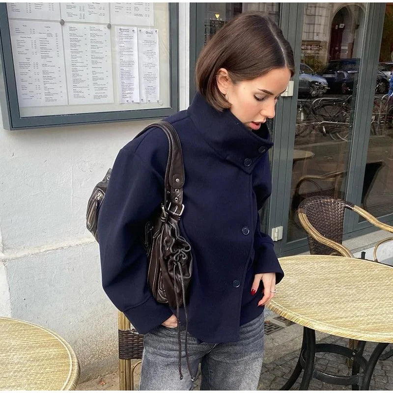 Double Breasted Cropped Jacket With Turn Down Collar for Women