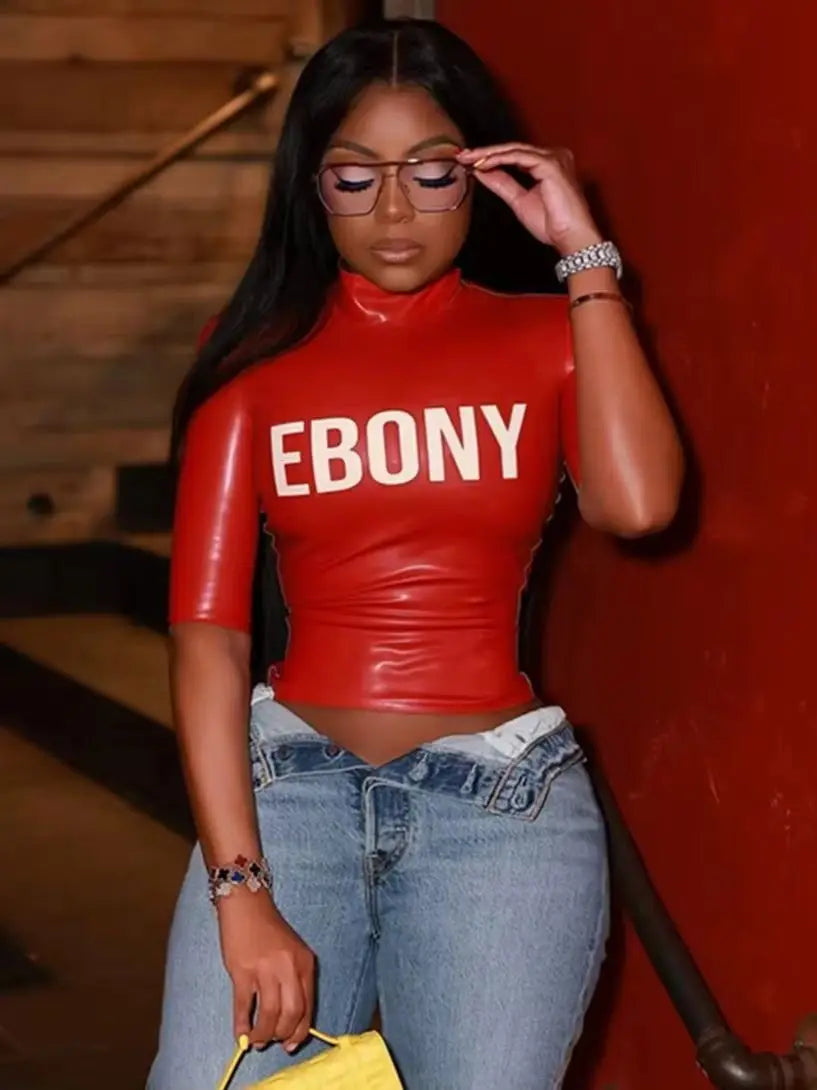 Short Sleeve Faux Leather Turtleneck Top for Women