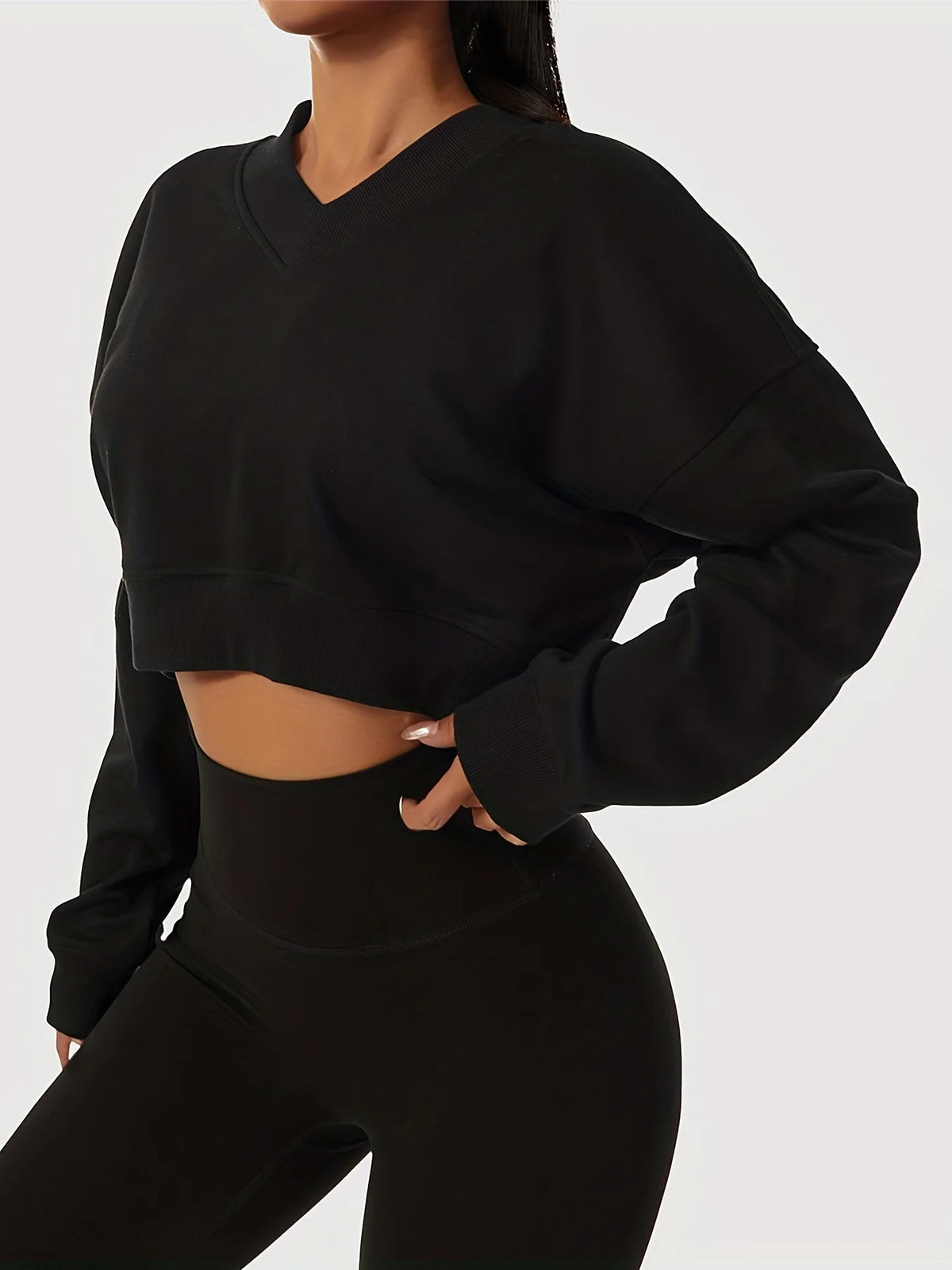 Casual Cropped V Neck Long Sleeve Sweatshirt for Women