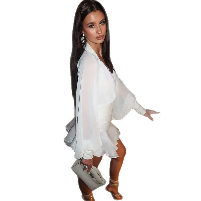 Elegant White V Neck Lantern Sleeve High Waist A Line Dress for Women