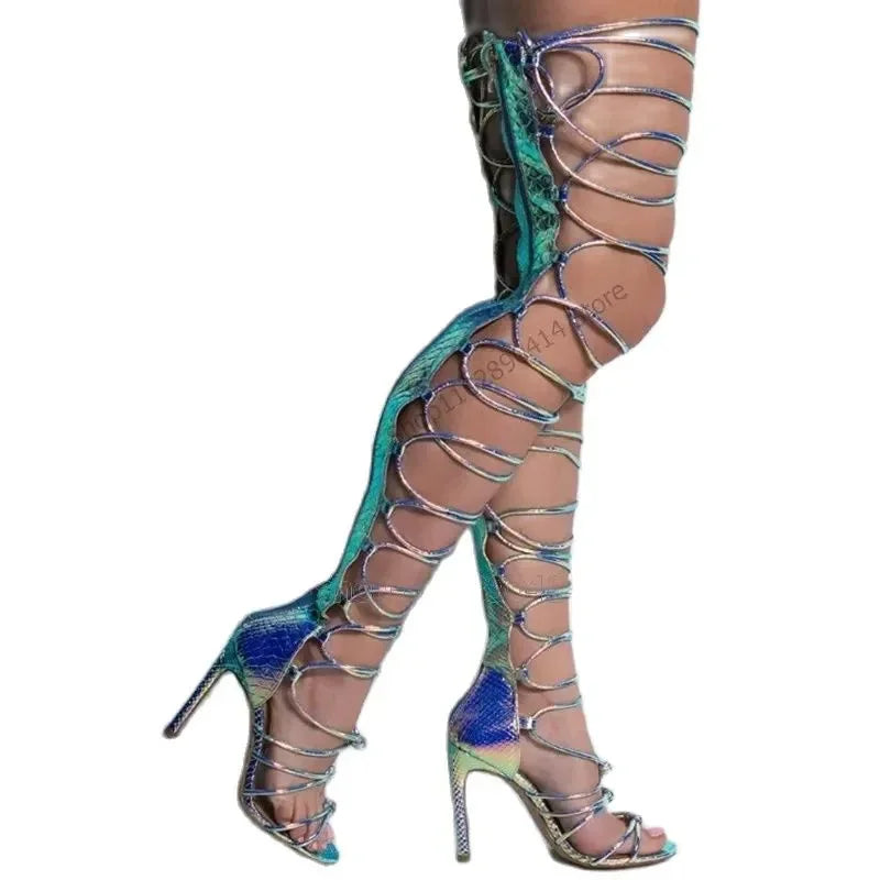 Colorful Snakeskin Lace Up High Heel Booties for Women