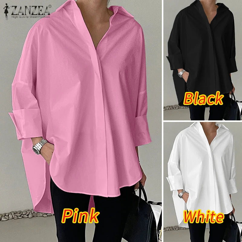 Oversized White Long Sleeve Button Up Blouse for Women