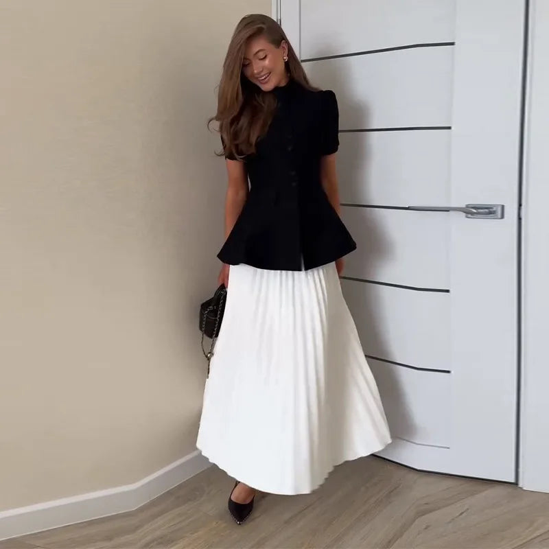 Chic Two Piece Blazer and Pleated Skirt Set for Women