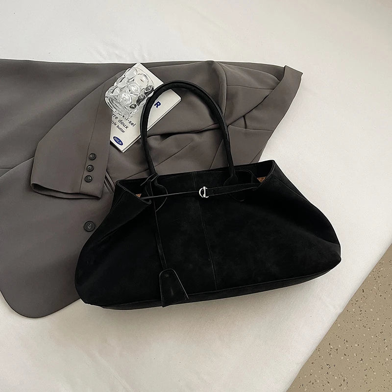 Luxurious Faux Suede Pure Color Retro Shoulder Tote Bag for Women