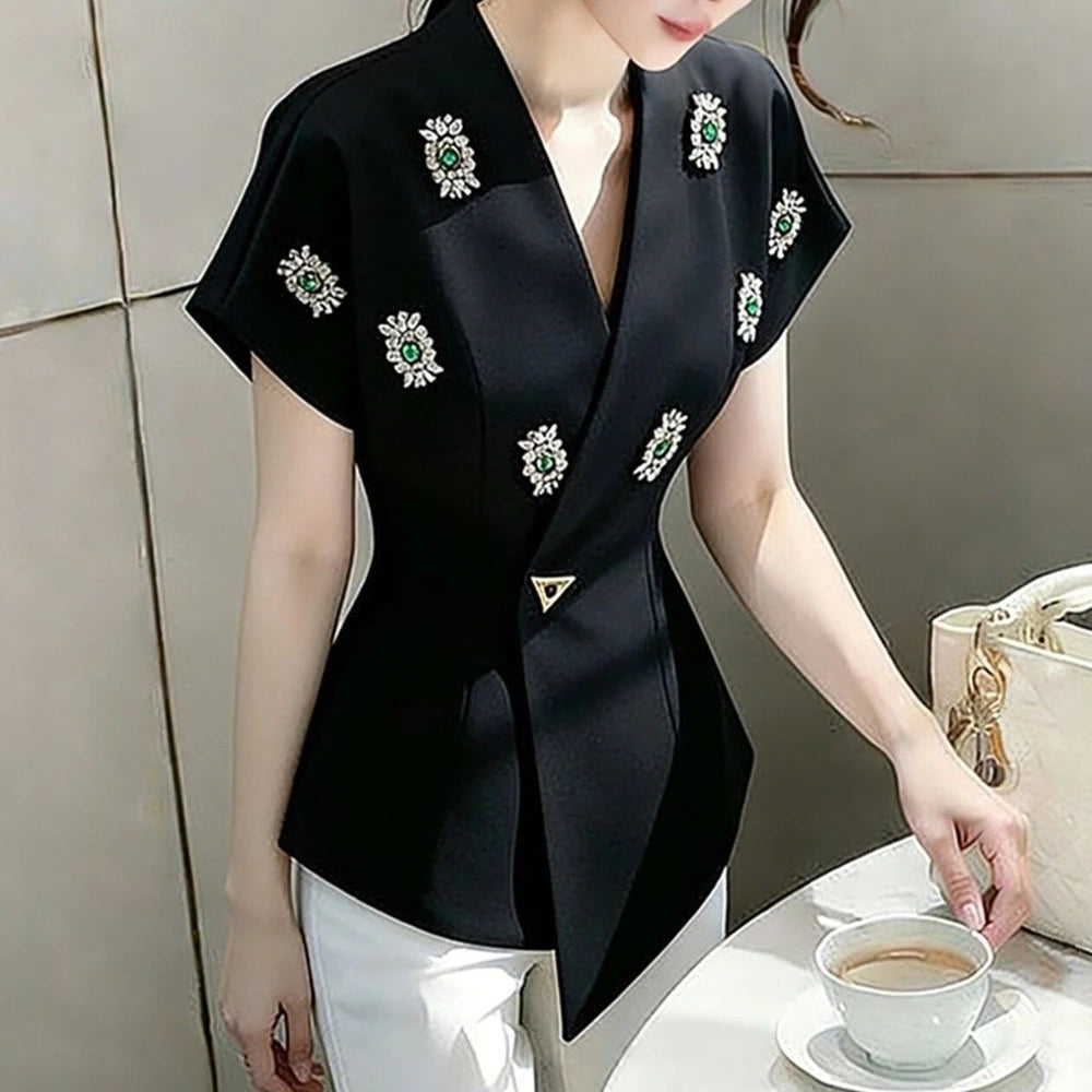 Black Diamond Encrusted Single Breasted Cropped Jacket For Women